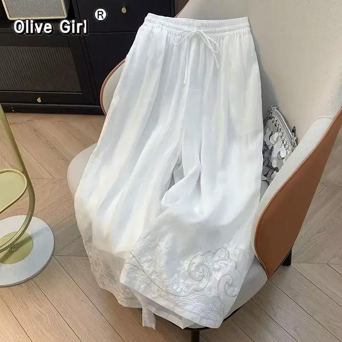 Pantalon large brodé en coton-lin blanc Olivegirl pour femme coupe décontractée et fluide été 2026 confort moderne style unique ocassions détendues après-midi en plein air cadeau femme