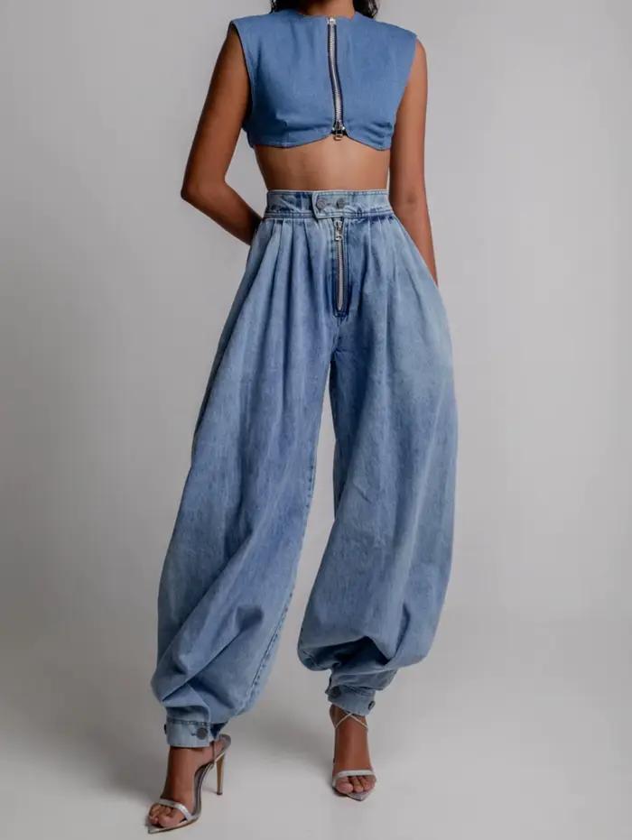 Jeans Taille Haute Femme Bleu Pantalon Sarouel Décontracté Pour Toutes Les Occasions