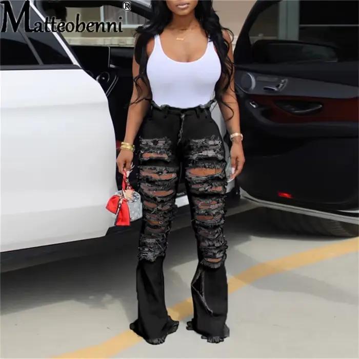 Jeans déchirés femmes Matteobenni style vintage coupe évasée élastique pour automne hiver occassions variées