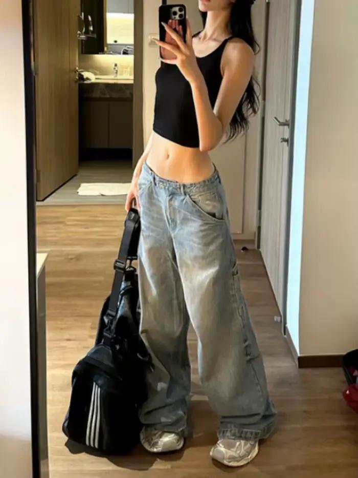 Jeans taille haute décontractés à jambes larges vintage
