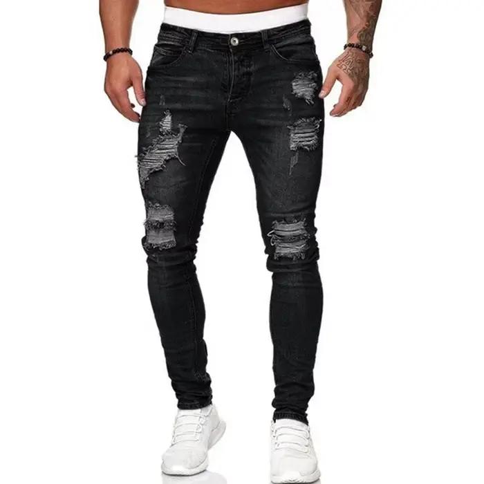 Mode Street Style déchiré Skinny Jeans hommes Vintage lavage solide Denim pantalon