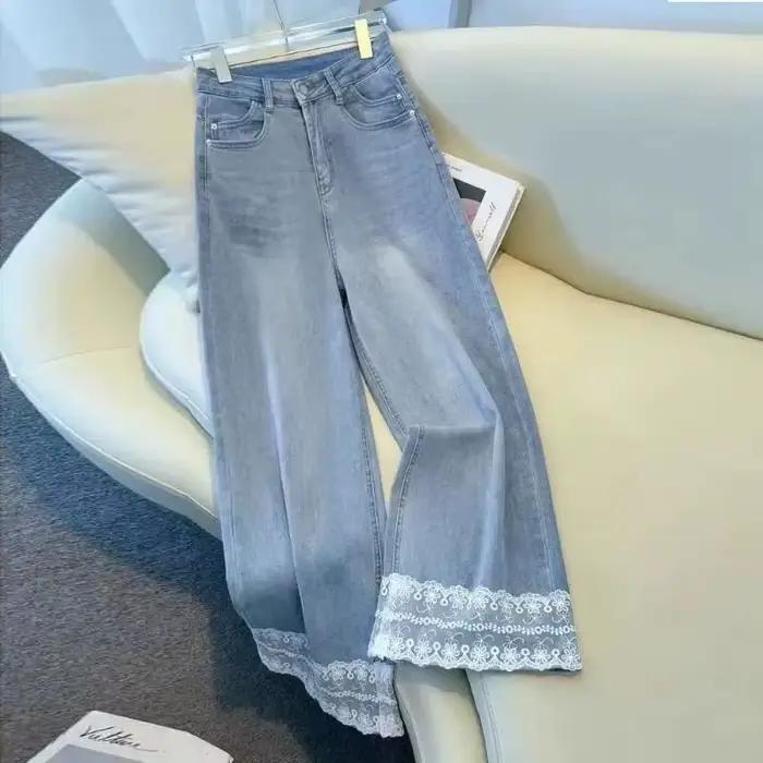 Pantalon Cowboy femme 2025 printemps été Design de mode dentelle dames jean à jambes larges taille haute confortable