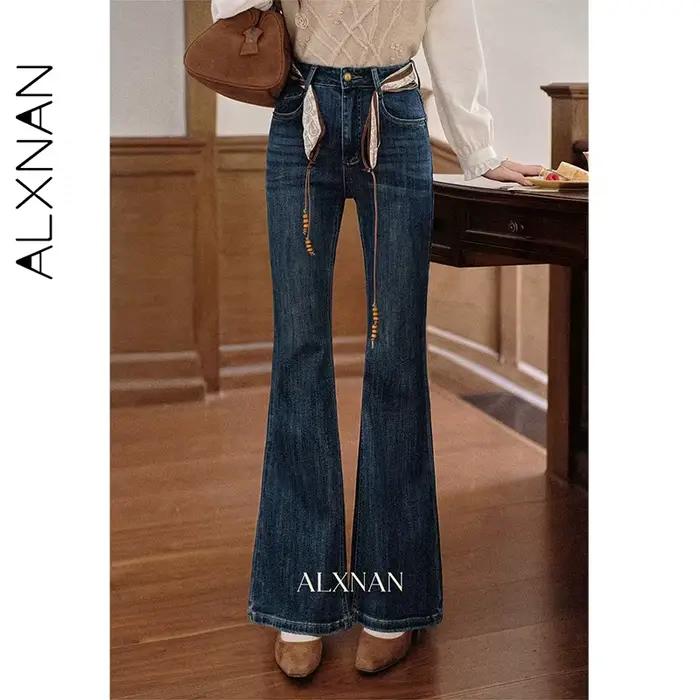 ALXNAN Jean bleu vintage taille haute en coton évasé pour femme