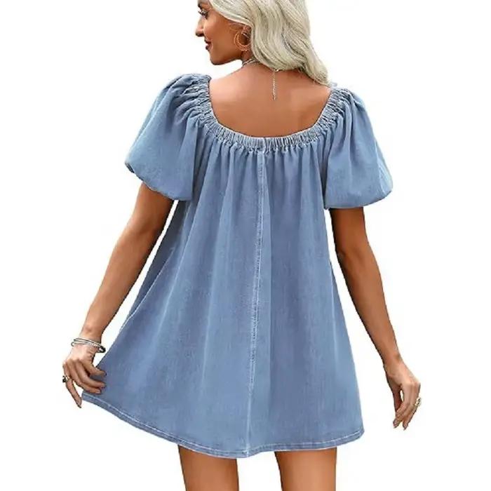    Femmes été Denim robes col carré manches bouffantes Jean Mini robe