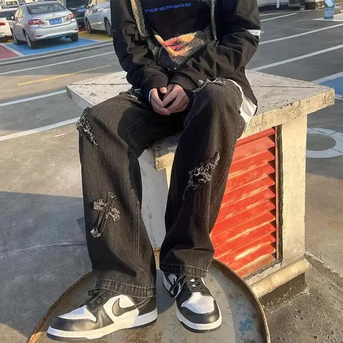 Jean Vintage en Denim pour Homme avec Broderie Croisée