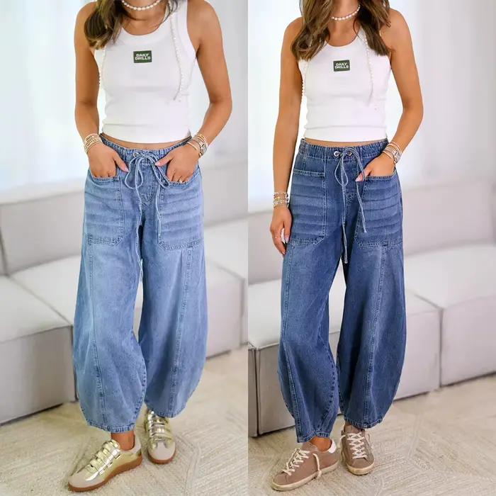 Jean Denim pantalon femmes pantalons longs à lacets taille haute élastique maman