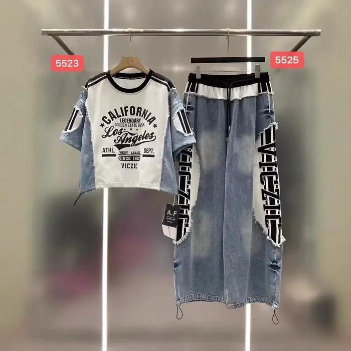 Ensemble pantalon pour femme 2026 : Nouveaux hauts en jean patchwork à imprimé lettres avec cordon de serrage et