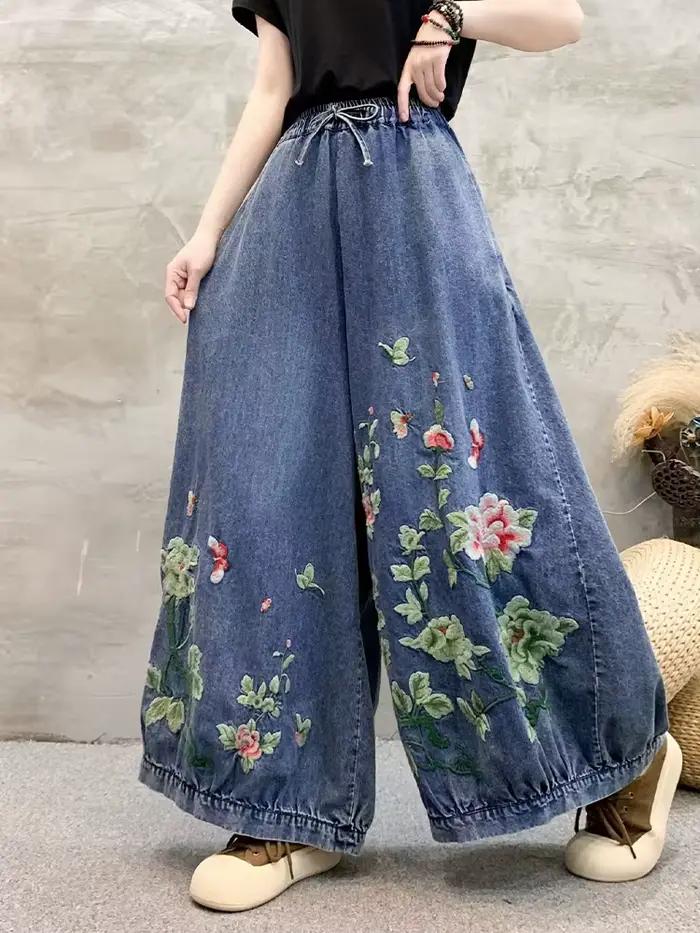 Amax luluE été femmes mode jean à fleurs surdimensionné Denim pantalon dames ample décontracté Vintage broderie jambe large Pantalons