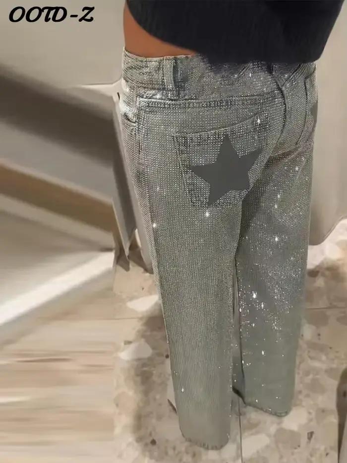 Jean chic à strass étoiles brillantes pour femme – Pantalon long droit taille mi-haute décontracté et polyvalent pour l'été et l'automne