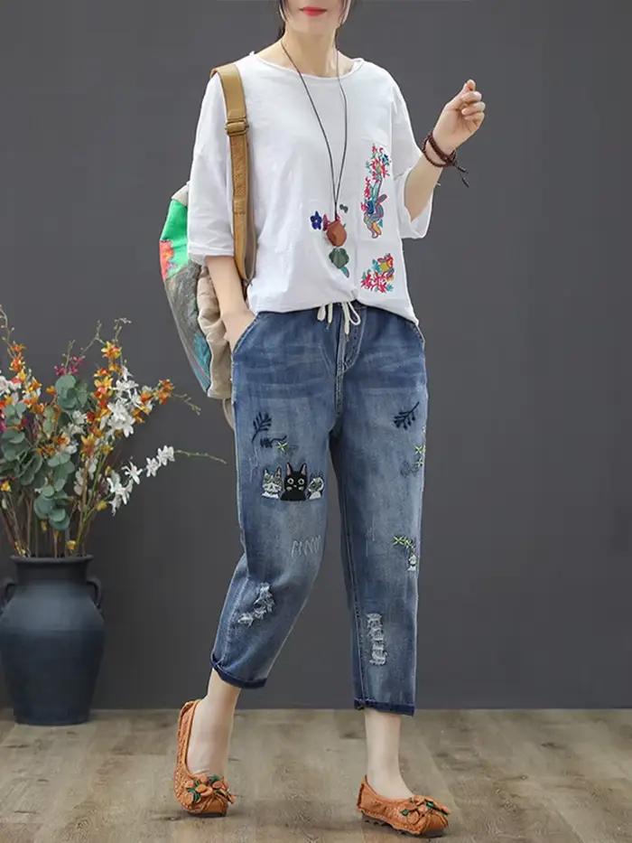 Amax luluE 2025 mode été Streetwear Denim pantalon dames Vintage élastique jean femmes décontracté ample broderie sarouel