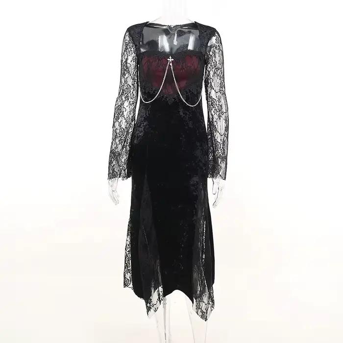 Goth foncé élégant centre commercial gothique femmes robes de soirée Grunge esthétique e-girl velours robe mi-longue
