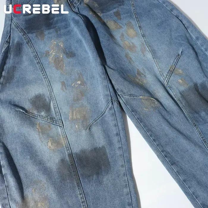Graffiti sale lavage jean hommes poche rétro haute rue épissé jambe large Baggy Denim banane pantalon
