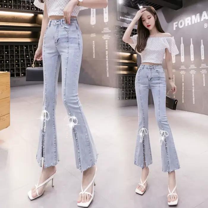 Jean Pipe avec Strass pour Femme Pantalon Court Slim Fentes en Dentelle Capris Bell Évasement Astronomique Occasions Spéciales