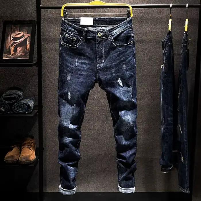 Jeans droits élastiques Tsingyi en denim coton déchiré, coupe slim, style coréen, mode bleu noir, vêtements pour hommes pour tous les jours, travail, match, maison, école, fête, compétition, jeu, shopping