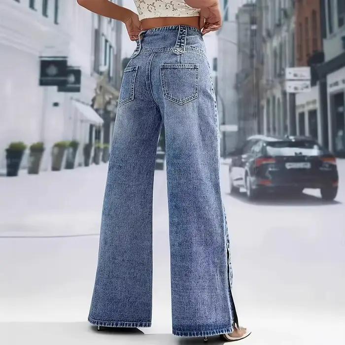 Jeans à jambes larges taille haute bleu pour femmes Mode Multi-boutons devant Détail à pression latérale Pantalon en denim Tenue décontractée pour les rendez-vous quotidiens