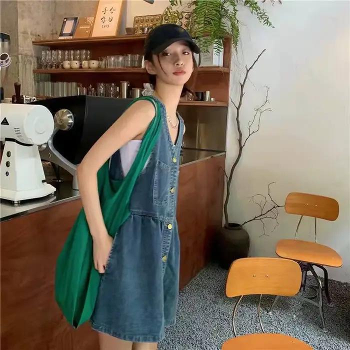 Robe en jean à simple boutonnage et col en V pour femmes