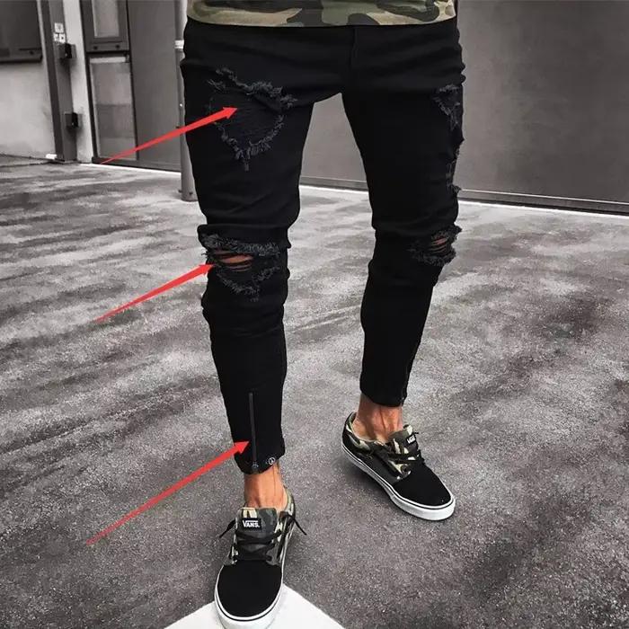 Jeans pour hommes nouveau pantalon tendance noir déchiré avec fermeture éclair extensible