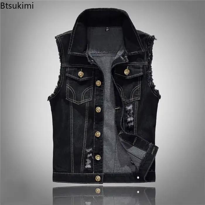2025 hommes mode jean sans manches veste gilet mâle noir bleu Denim