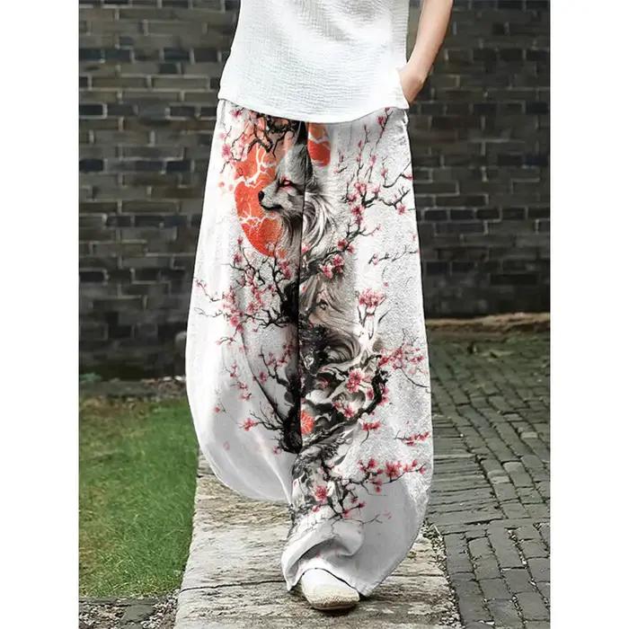 Pantalon à jambes larges imprimé renard prune Harajuku pour femme