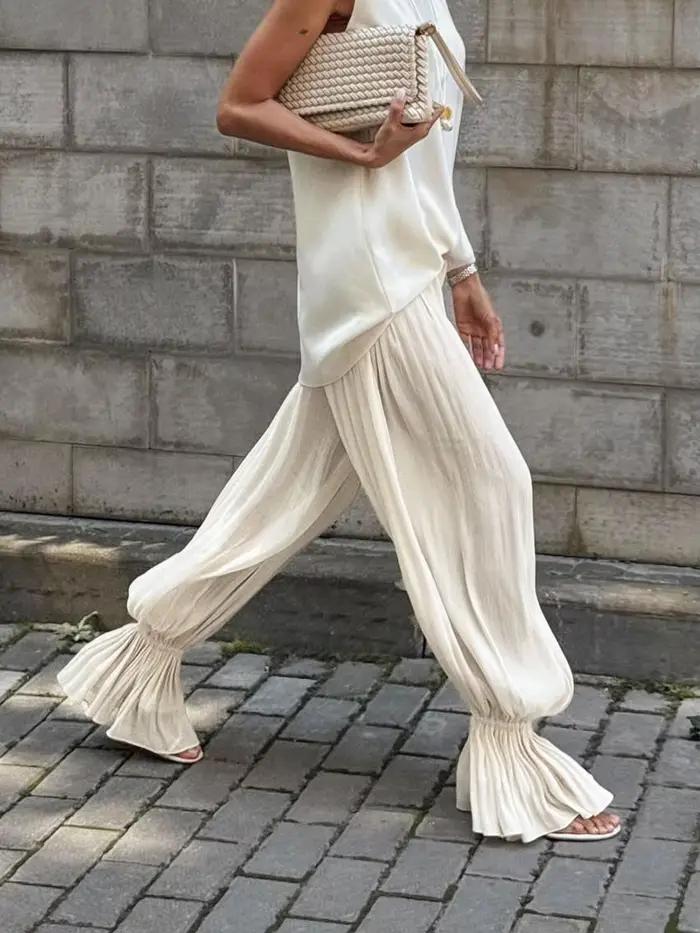 Pantalon Ballon Plissé Y2K Blanc pour Femme Style Vintage Streetwear Polyvalent pour Quotidien Coupe Ample et Oversize