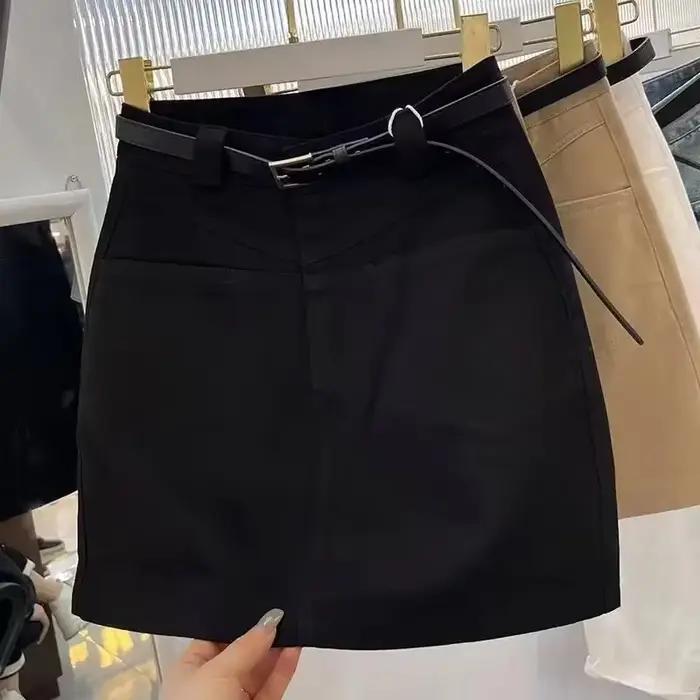 Jupe en jean kaki taille haute coupe trapèze mini pour femme