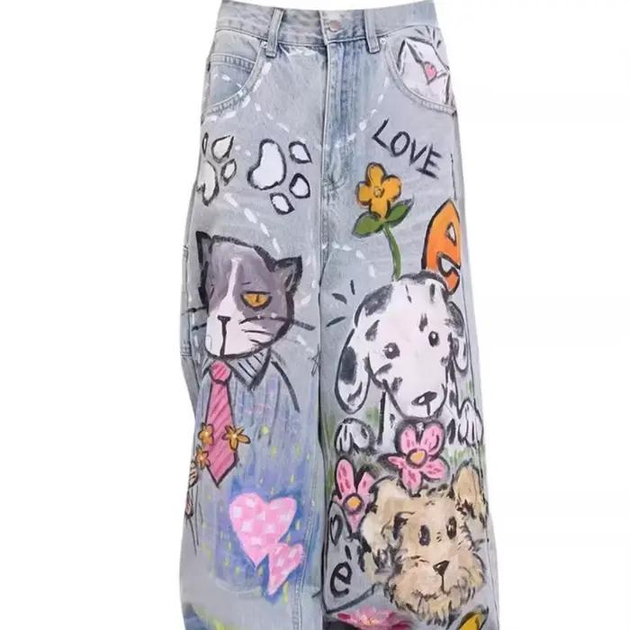 Jeans imprimés Doodle style américain décontracté vintage coupe droite ample pantalon jambes larges baggy y2k pour dames