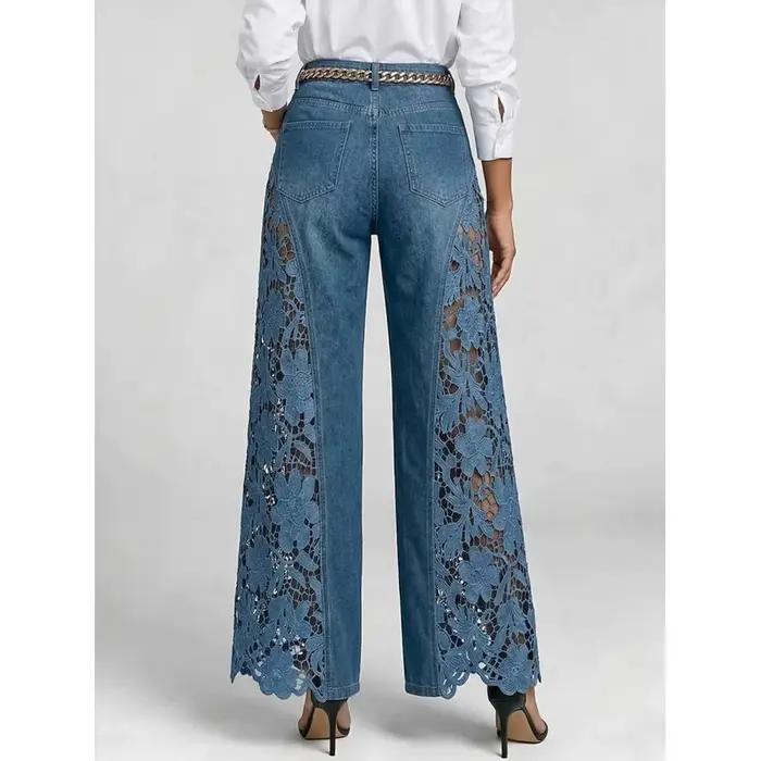 Pantalon en jean élégant à empiècements en dentelle broderie florale taille haute coupe droite et ample pour femme occasions professionnelles printemps été