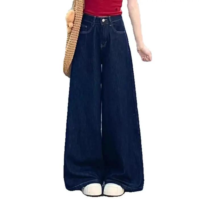 Jean bleu foncé à jambe large pour femme, coupe droite, longueur au sol, polyester, tendance et décontracté pour toutes les saisons
