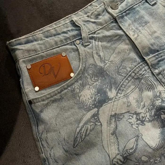 Nouveau Jean Droit Rétro Tendance Motif Ange Cupidon Y2K Délavé Style Américain Urbain Décontracté Coupe Droite Ample Unisexe