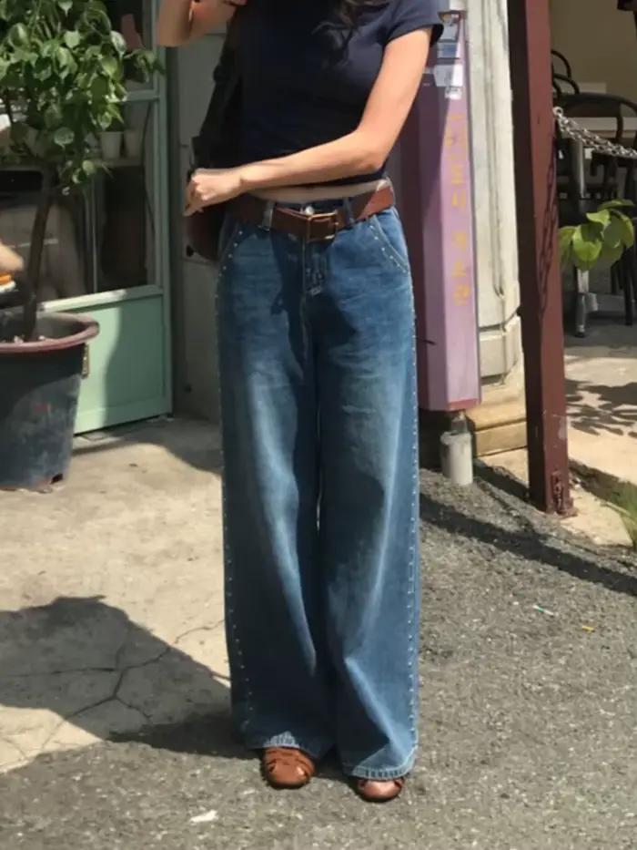 2025 américain rétro Y2K mode Rivet Design Baggy nouveaux pantalons en jean pour femmes vêtements jambe large coréen décontracté dame Denim pantalon