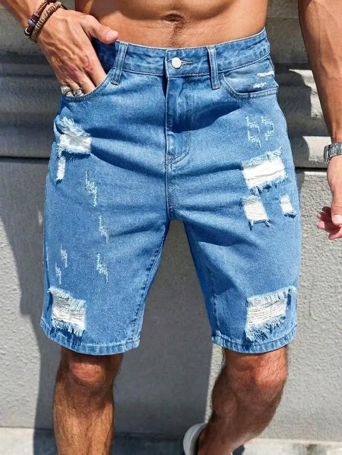 Shorts en jean délavé bleu clair pour homme, coupe slim droite, décontractés, longueur genou, pour l'été, occasions décontractées et vacances