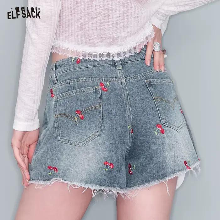 ELFSACK 2025 été nouveauté doux Cool cerise brodé irrégulière ourlet brut Jean pour les femmes