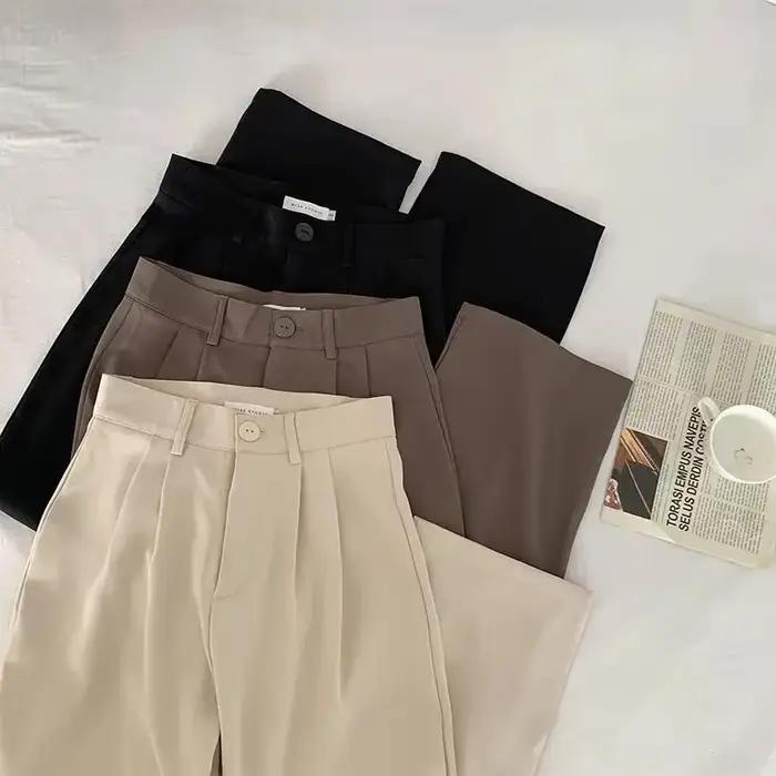 Pantalon droit taille haute pour femme mode coréenne bouton décontracté polyester viscose bureau occasions spéciales automne 2024