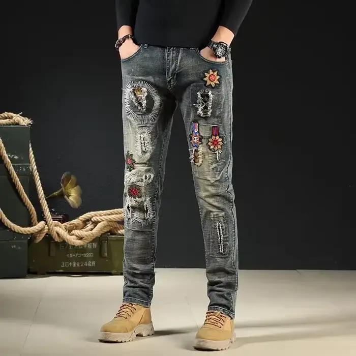Jeans de moto brodés pour hommes