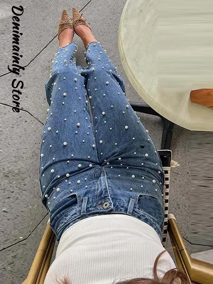 Mode pleine perle haute rue femme jean été nouveau Denim tout-match pantalon droit 2025 tige rugueuse doux filles pantalons