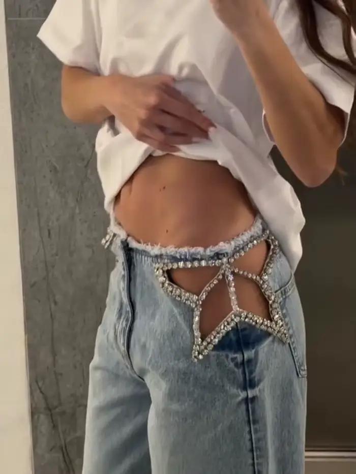 Jean taille basse en denim pour femme