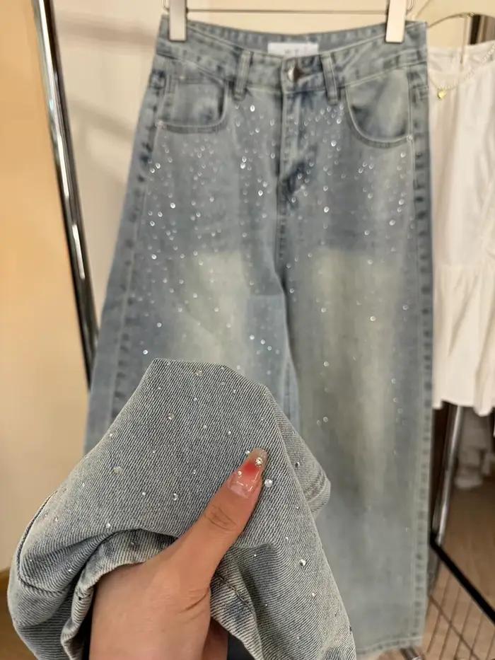 Jean rétro en strass pour femme 2026 – Nouveau pantalon décontracté en denim coupe droite