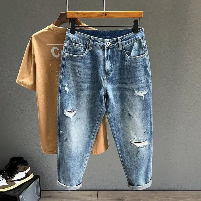 Jean déchiré à trous coniques pour homme, denim effiloché, vintage, décontracté, bleu, nouvelle collection, pantalon sarouel, toile épaisse, ajustement ample, quatre saisons, quotidien