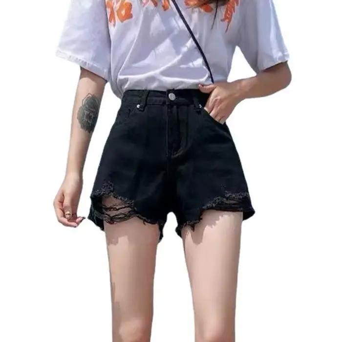 Shorts en jean décontractés et extensibles pour femme, déchirés, taille haute, avec franges et ourlet brut, pour l'été occassions spéciales et activités de plein air