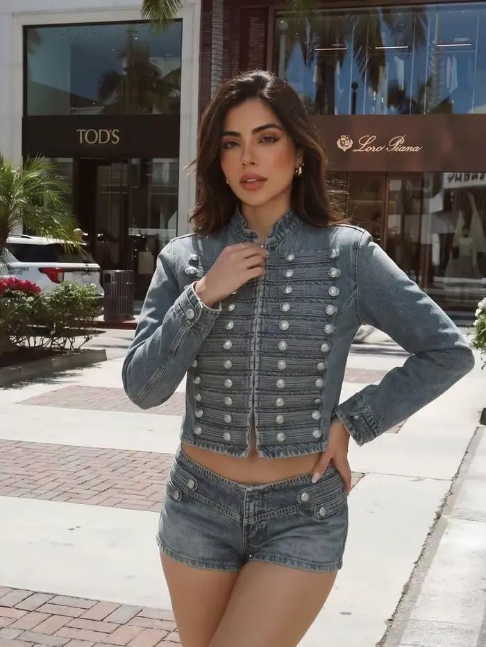HH Blouson en jean élégant et ajusté pour femme