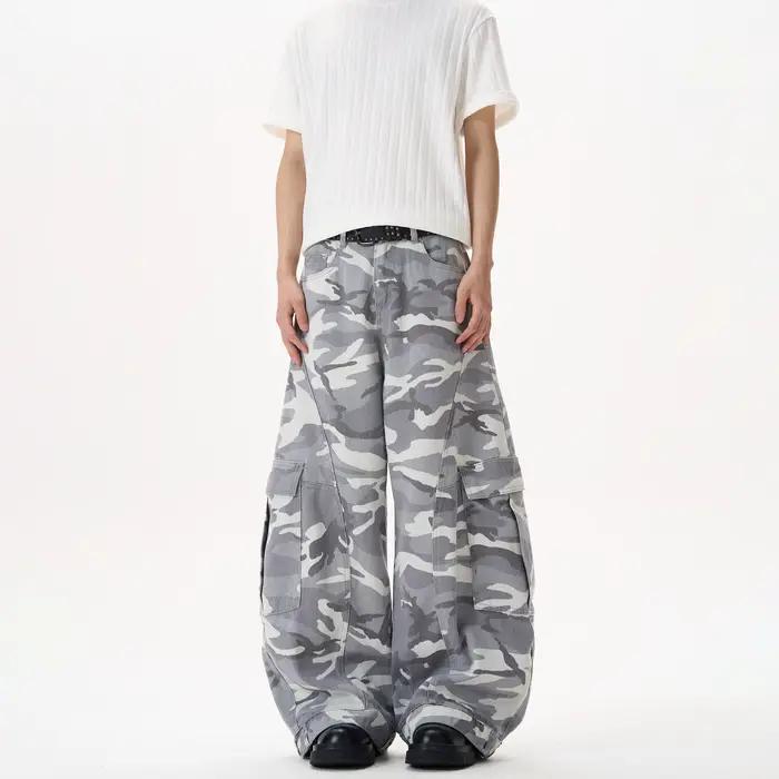 KISKO American High Street Washed Camouflage Wide Leg Knife Edge Jeans Straight Loose Trousers for Men And Women Trendy Brand