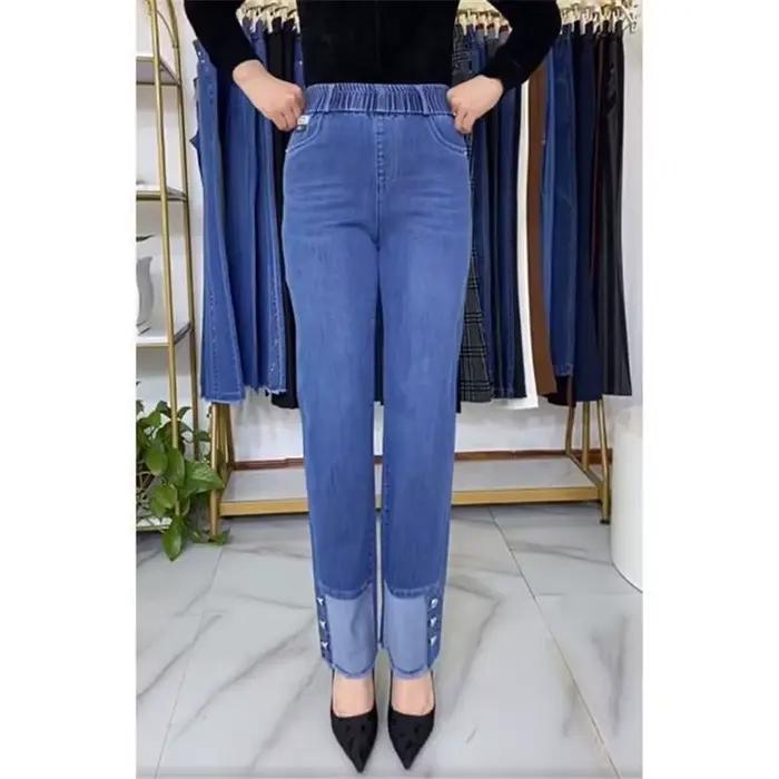 Jean femme d'âge moyen printemps automne taille extensible pantalon en Denim droit grande