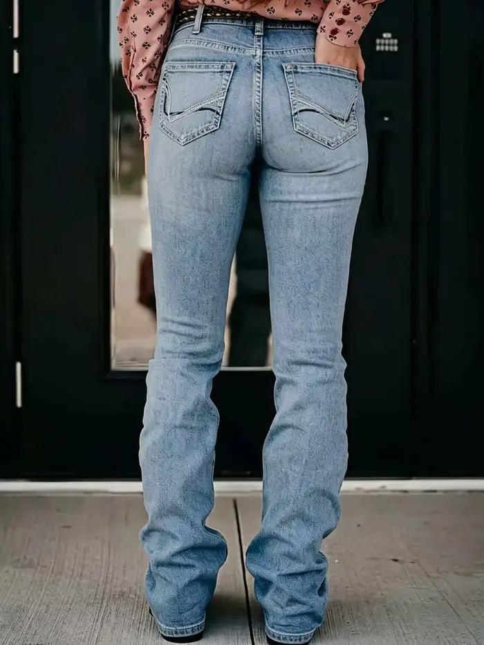 Jean bootcut bleu clair à haute élasticité avec poches brodées au dos