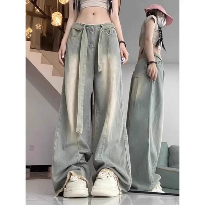 Jean Taille Haute à Jambe Large Femme Style Vintage Américain Confortable Coupe Ample Denim Non Extensible Occasions Toutes Saisons