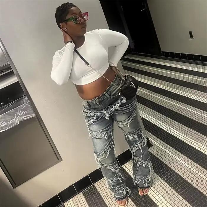 Y2k vêtements Streetwear jean gland pantalon femmes 2024 décontracté taille haute Design denim bleu mode Baggy
