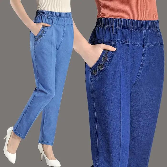 Jean femme senior printemps automne décontracté ample haut élastique brodé denim mince style droit ocassions variées