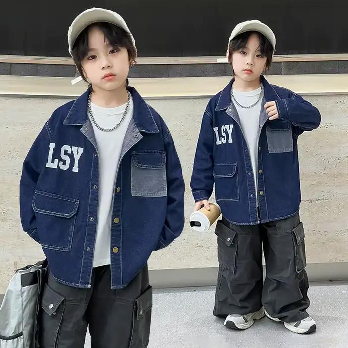 Kids Retro Dark Blue Denim Jacket Coat with Letters For Teens Boy Harajuku Streetwear Clothing Children Casual Jeans Outfit