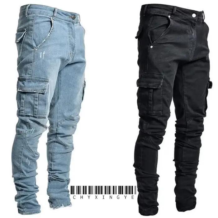Nouveaux jeans élastiques homme décontractés coupe ajustée multi poches toile coton quatre saisons ocassions décontractées