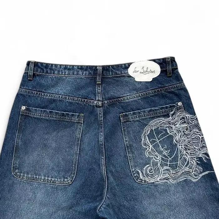 2025 nouvelles femmes jean Vintage victoire déesse tête Portrait broderie Denim pantalon Hip Hop Streetwear haute jambe