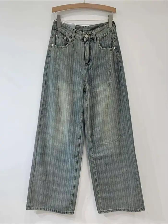 DEAT femmes jean taille haute lavé rayé ample droite jambe large Vintage pantalon Denim décontracté 2026 été nouvelle mode 29L8450